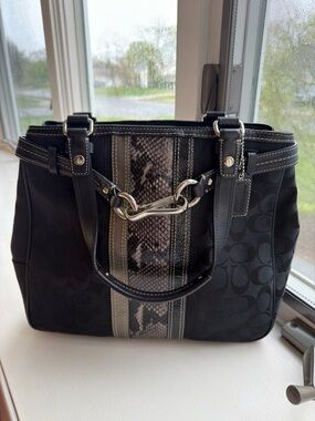 Coach Hamptons Black Signature C Python Stripe Tote Bag Satchel